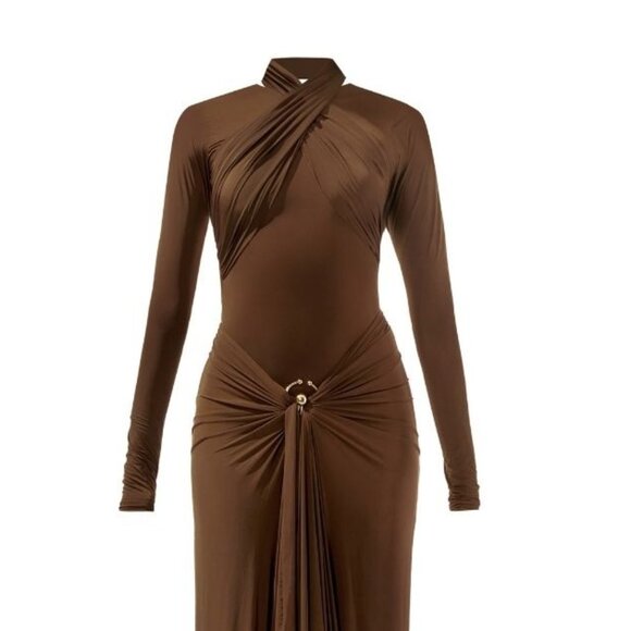 Deme by Gabriella June Gown in Chocolate Brown long sleeve maxi draped mermaid - Picture 3 of 5